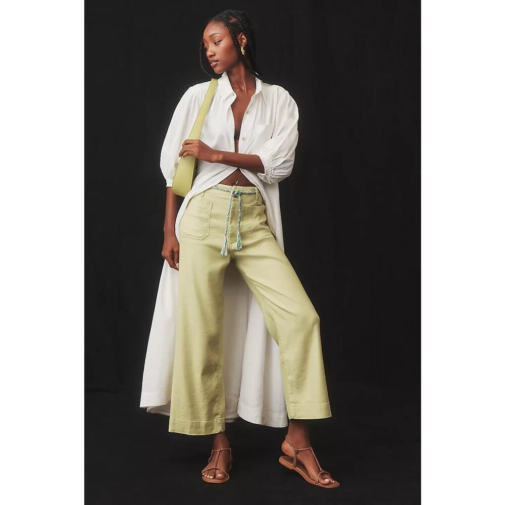 NWOT Anthropologie The Colette Cropped Wide-Leg Linen Pants Sz 31P Lime #7A452